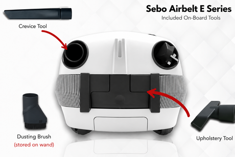 SEBO Airbelt E Series on-board tools — crevice tool, upholstery tool, dusting brush — labeled diagram from Avon Vacuums