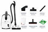 SEBO Airbelt E3 Premium in white with full attachment set, 3-ply electrostatic bag and exhaust filter labeled — Avon Vacuums