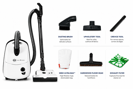 SEBO Airbelt E3 Premium in white with full attachment set, 3-ply electrostatic bag and exhaust filter labeled — Avon Vacuums