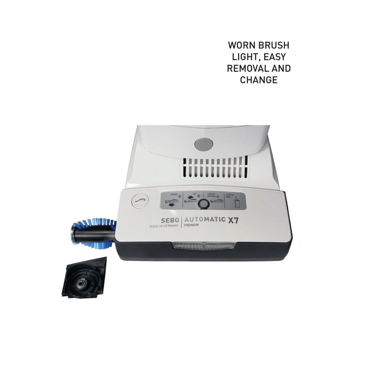 Official SEBO AUTOMATIC X8 worn-brush warning and brush roller removal