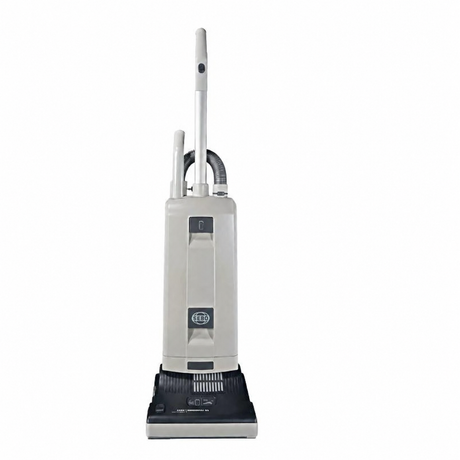 Gray SEBO Essential G4 upright vacuum, model 90406AM, front view on a white background