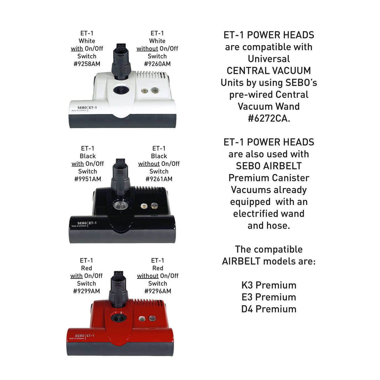 Official SEBO ET-1 electric powerhead models and colors
