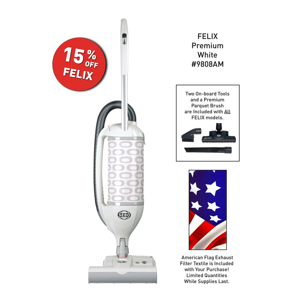 SEBO Felix Premium upright vacuum with an American flag filter cover
