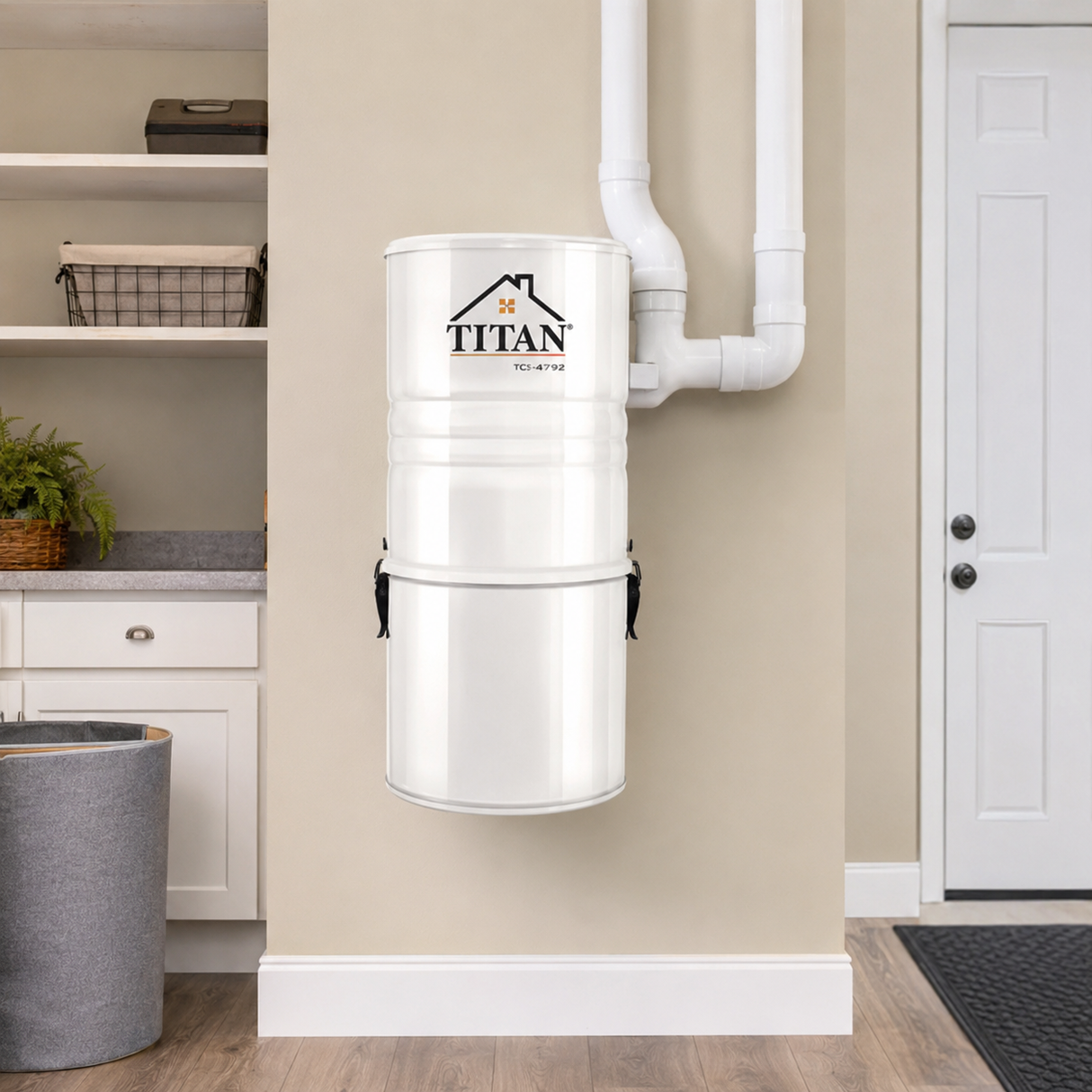 Titan TCS-4792 central vacuum installed in a finished utility room