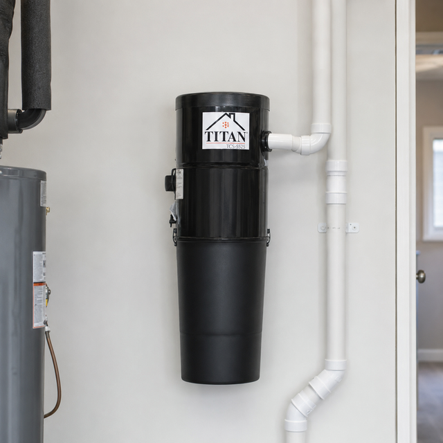Titan TCS-5525 central vacuum installed in a residential utility room