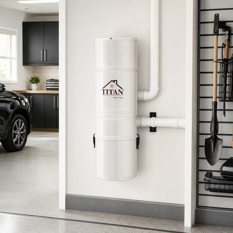Titan TCS-7702 central vacuum installed in an organized garage