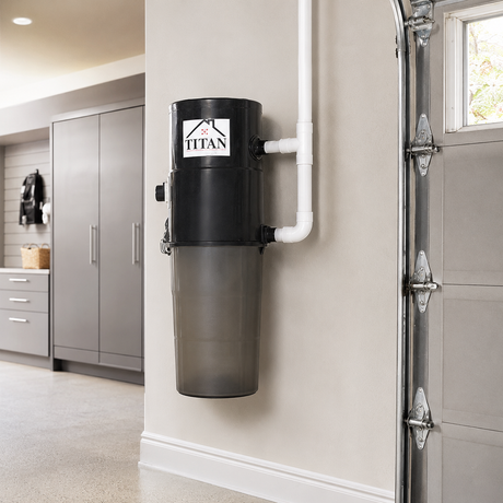 Titan TCS-8575 central vacuum installed in a spacious residential garage