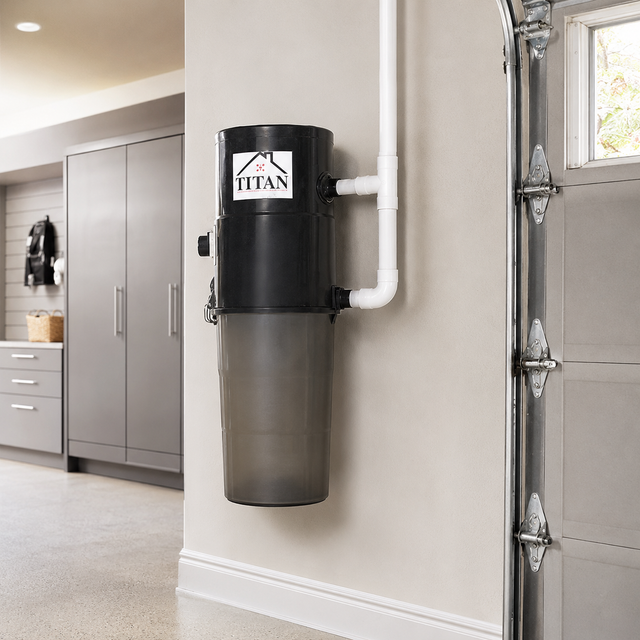 Titan TCS-8575 central vacuum installed in a spacious residential garage