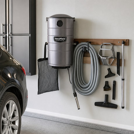 VacuMaid GV30PRO Wall-Mounted Garage & Car Vacuum – 30 ft Hose & Tools shown in a realistic installation or maintenance setting